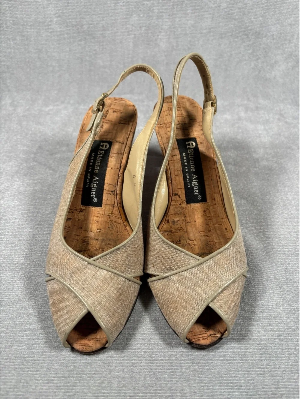 Etienne Aigner Vintage Canvas Cork Slingback Peep Toe Kitten Heels Spain Sz 6M